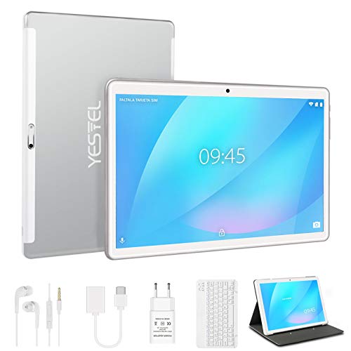 Tablet 10 Pulgadas con 4GB RAM 64GB ROM Android 10 YESTEL Tablet con Teclado, Ampliables hasta 128GB/Pantalla HD IPS/Doble SIM Lte/Wi-Fi/8000mAh Batería, Color Plata