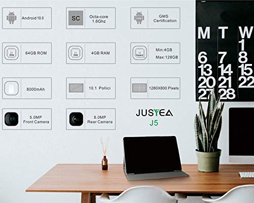 Tablet 10.1 Pulgadas Android 10.0 Tableta Ultra-Portátiles - RAM 4GB | 64GB Expandible (Certificación Google GMS) -JUSYEA - Batería de 8000mAh- WiFi - Cubierta - Gris