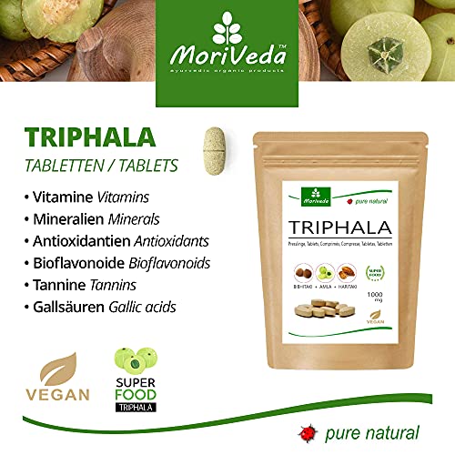 Tabletas de Triphala 1000mg (120 o 360 tabletas) hechos de la fruta del rey ayurveda Amla, Hiritaki y Bibhitaki: producto de calidad totalmente natural de MoriVeda (120 tabletas)