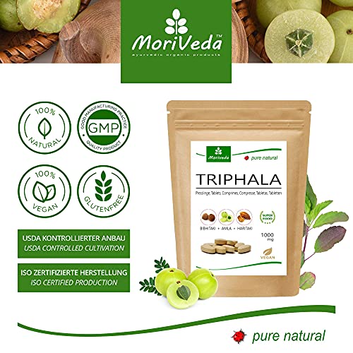 Tabletas de Triphala 1000mg (120 o 360 tabletas) hechos de la fruta del rey ayurveda Amla, Hiritaki y Bibhitaki: producto de calidad totalmente natural de MoriVeda (120 tabletas)