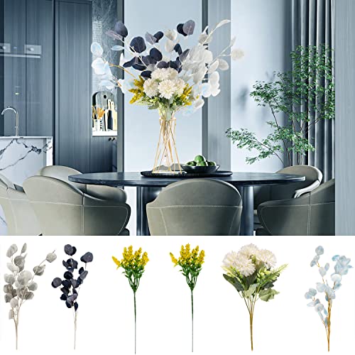 Taomika 7 Piezas Flores Artificiales, Hortensia Artificial con Hojas, Hortensia de Seda para el Hogar Jardín Fiesta Boda Mesa Navidad Acción de Gracias Decoración (Azul, sin jarrón)