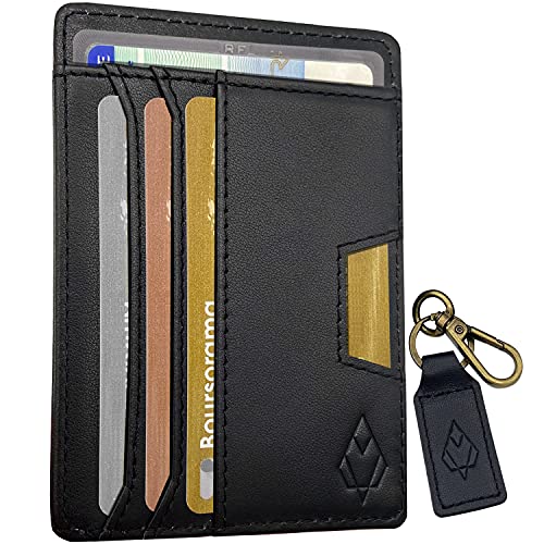 Tarjetero para Tarjetas de Crédito de Cuero – Llavero Gratis – Cartera Hombre – Bloqueo y Seguridad RFID – Pequeña Billetero Integrado con Cremallera