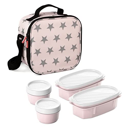 Tatay Urban Food Casual - Bolsa Térmica Porta Alimentos, 3L de Capacidad, con 4 Tuppers Herméticas, 2 x 0.5L, 2 x 0.2L, Color Rosa con Estrellas, Medidas 22.5 x 10 x 22 cm
