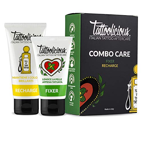 Tattoolicious COMBO CARE - FIXER Crema Calmante con Ingredientes Bio Activos para tatuajes recién realizados, 75 ml + RECHARGE Crema Revitalizante para tatuajes, con Ingredientes Bio Activos, 100 ml