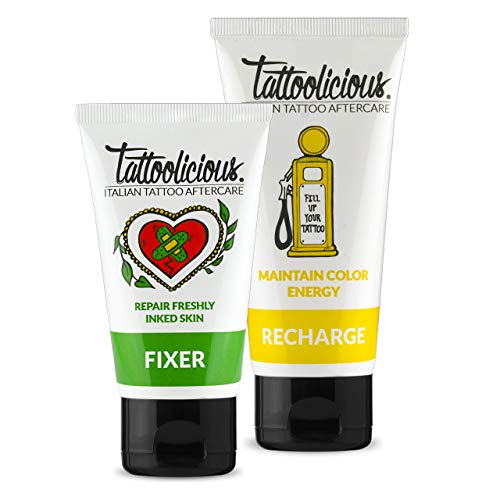 Tattoolicious COMBO CARE - FIXER Crema Calmante con Ingredientes Bio Activos para tatuajes recién realizados, 75 ml + RECHARGE Crema Revitalizante para tatuajes, con Ingredientes Bio Activos, 100 ml
