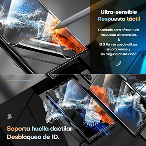 TAURI 4 Pack Protector Pantalla Samsung Galaxy S22 Ultra 5G,2 Pack HD Película de TPU Protector y 2 Pack Cristal Templado de Lente de Cámara -Sin Burbujas Huella Digital Ultrasónica Fácil de Instalar