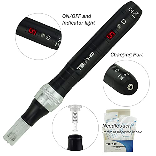 TBPHP P10 Derma pen Microagujas 0-2.0mm ajustable .Incluir 12pcs agujascon Pantalla LCD de Cicatrices de Acné, Antienvejecimiento, Arrugas, Estrías(Negro)