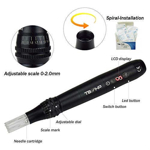 TBPHP P20 Eléctrico Dermapen Microagujas Pen 2 Colores Led Bolígrafo eléctrico con pantalla LCD para el tratamiento de la pérdida de cabello cicatriz acné cicatrices(30 cartuchos)-Negro