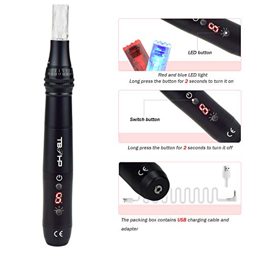 TBPHP P20 Eléctrico Dermapen Microagujas Pen 2 Colores Led Bolígrafo eléctrico con pantalla LCD para el tratamiento de la pérdida de cabello cicatriz acné cicatrices(30 cartuchos)-Negro