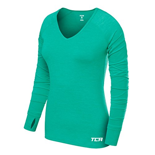 TCA Mujer Elle Camiseta Termica con Cuello en V - Manga Larga - Verde, M