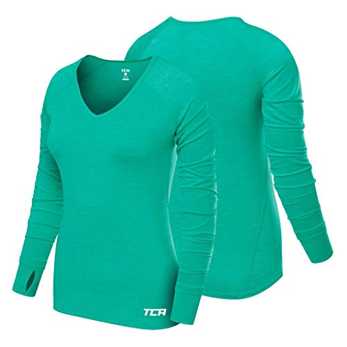 TCA Mujer Elle Camiseta Termica con Cuello en V - Manga Larga - Verde, M
