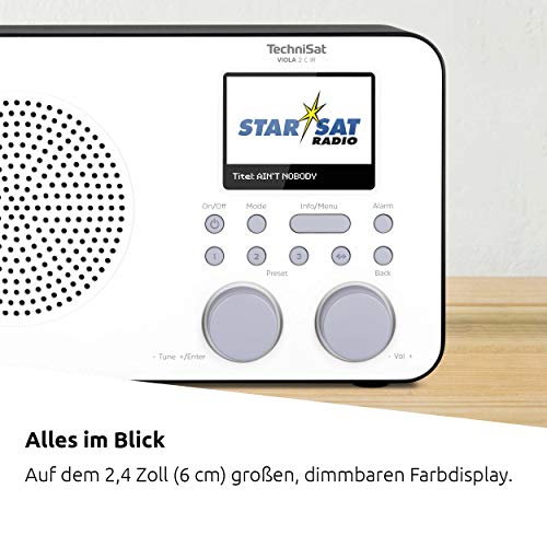 TechniSat Viola 2 C IR - Radio por Internet Portátil (Dab+, FM, WLAN, Pantalla a Color de 2,4 Pulgadas, Conexión para Auriculares, Despertador, Temporizador, 3 Vatios RMS) Blanco/Negro