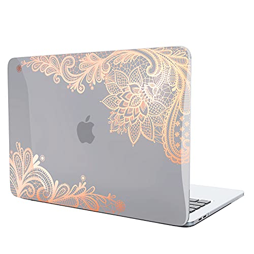 TeDaWen Funda Protectora para MacBook Air de 13 Pulgadas 2020, Pulgadas A2337 M1 A2179 A1932 con Retina, Funda para portátil bronceadora y Cubierta de Teclado, Encaje Dorado Rosa Transparente 2