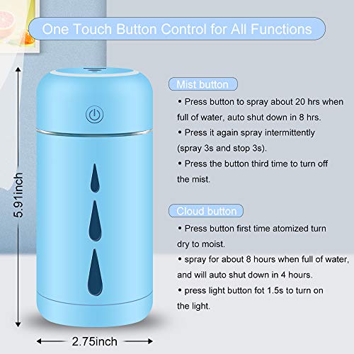 Teguangmei Humidificador Mini - 350ML Humidificador Portátil USB de Gran Capacidad,Funcionamiento Ultrasónico Silencioso,Apagado Automático/Con Luz Ambiental,Para Oficina,Coche,Bebé,Dormitorio-Azul