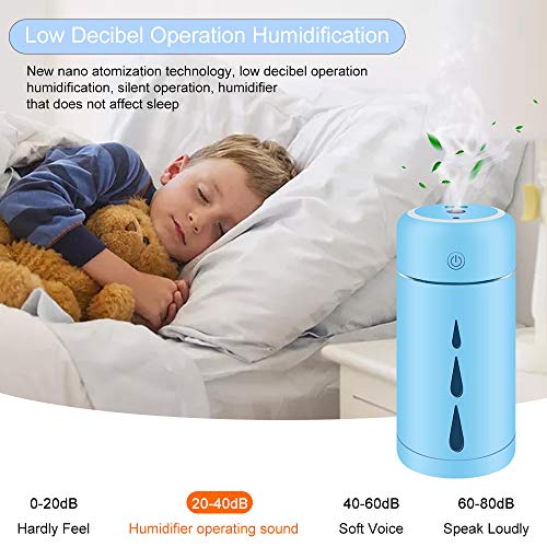 Teguangmei Humidificador Mini - 350ML Humidificador Portátil USB de Gran Capacidad,Funcionamiento Ultrasónico Silencioso,Apagado Automático/Con Luz Ambiental,Para Oficina,Coche,Bebé,Dormitorio-Azul