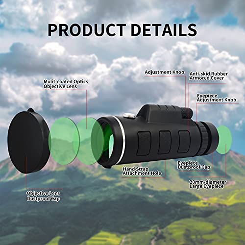 Telescopio monocular Impermeable 40x60 con Soporte para teléfono Inteligente, Alcance monocular Bak4 Prism HD de Alta Potencia para Adultos, Aves, observación de Vida Silvestre, Senderismo, Concierto