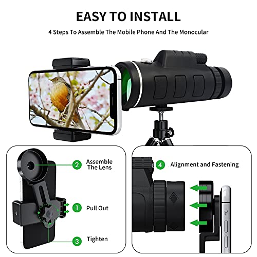 Telescopio monocular Impermeable 40x60 con Soporte para teléfono Inteligente, Alcance monocular Bak4 Prism HD de Alta Potencia para Adultos, Aves, observación de Vida Silvestre, Senderismo, Concierto