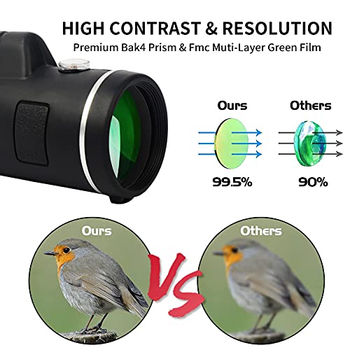 Telescopio monocular Impermeable 40x60 con Soporte para teléfono Inteligente, Alcance monocular Bak4 Prism HD de Alta Potencia para Adultos, Aves, observación de Vida Silvestre, Senderismo, Concierto