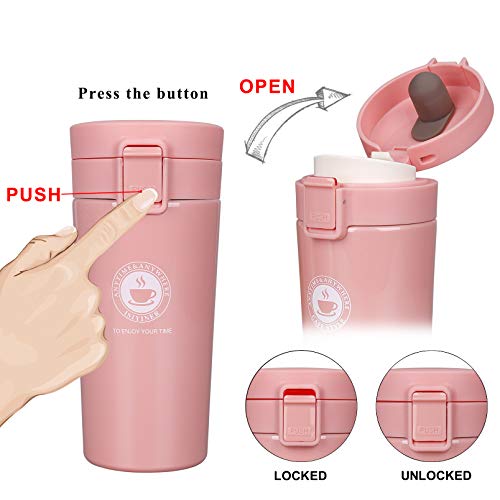 Termo, Termo de Café para Llevar de Acero Inoxidable Vaso Termico Prueba de Fugas Taza de Café Térmica Sin BPA para Coche Oficina Viaje 380ML Rosado