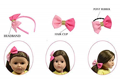 The New York Doll Collection Set de 3 Secuencia de Arco Iris Muñeca Cabello Accesorios - Incluye Lazo, Diadema Suave y Cabello Pinza para Moda Muchachas Muñecas - Encaja 18 pulgadas / 46 cm Muñecas