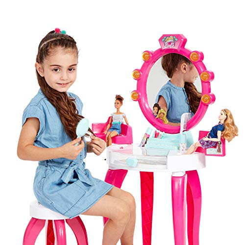 Theo Klein 5328 Salón de belleza Barbie con luz y sonido - Superficies de trabajo giratorias - Con accesorios para el peinado - Para niños a partir de 3 años