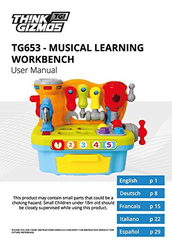 Think Gizmos TG653 Banco de trabajo musical para niños pequeños - Banco de trabajo interactivo para constructores musicales para niños y niñas de 2 3 4 5 años - Incluye herramientas, sonidos y luces