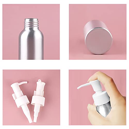 TIANZD 3 Piezas Pequeño 50 ml Botella de Dosificador Botella de Aluminio Plata con Bomba Vacías Envase Cosmético para Champú de Loción Gel Cremas Aceite Esencial Viaje, 1x Embudo