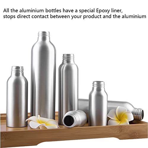 TIANZD 3 Piezas Pequeño 50 ml Botella de Dosificador Botella de Aluminio Plata con Bomba Vacías Envase Cosmético para Champú de Loción Gel Cremas Aceite Esencial Viaje, 1x Embudo