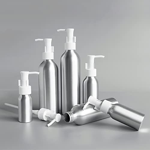TIANZD 3 Piezas Pequeño 50 ml Botella de Dosificador Botella de Aluminio Plata con Bomba Vacías Envase Cosmético para Champú de Loción Gel Cremas Aceite Esencial Viaje, 1x Embudo