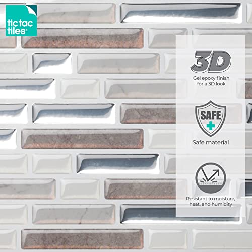 Tic Tac Tiles cáscara de anti-moho y baldosas de la pared del palillo en Como Pebble 10 10" x 10" Mármol gris; Medio Mármol Beige; Plata metálica; Blanco