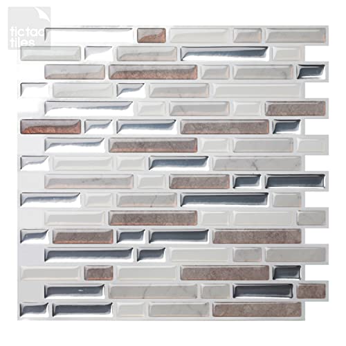 Tic Tac Tiles cáscara de anti-moho y baldosas de la pared del palillo en Como Pebble 10 10" x 10" Mármol gris; Medio Mármol Beige; Plata metálica; Blanco