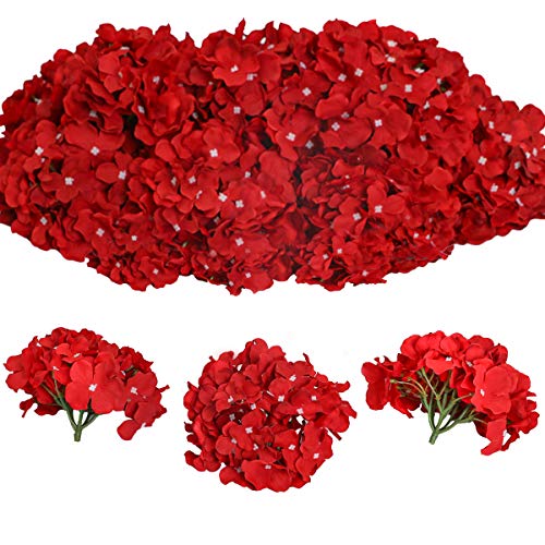 Tifuly 12 Pcs Hortensias Artificiales, Hortensias de Seda Cabezas de Flores con Tallos Flores Falsas para Ramos de Novia, Decoración de Fiesta en el hogar, Arreglos, Centros de Mesa (Rojo)