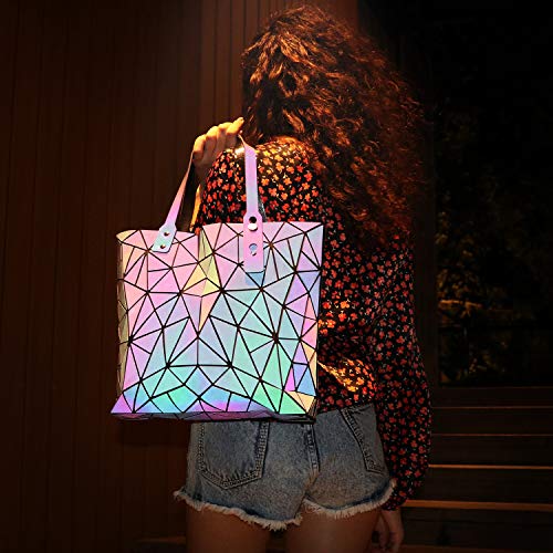 Tikea Bolsa Geométrica Luminosa Holográfica para Mujer, Bolso de Mano en Cuero Sintético de Moda, Bolsa Shopper Efecto Reflectante