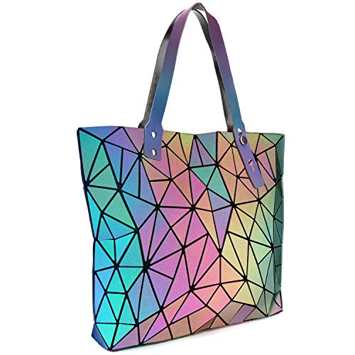 Tikea Bolsa Geométrica Luminosa Holográfica para Mujer, Bolso de Mano en Cuero Sintético de Moda, Bolsa Shopper Efecto Reflectante