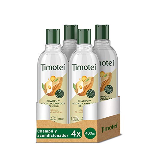 Timotei champú y acondicionador delicado para todo tipo de cabello con aceite de almendras dulces; con limpiadores de origen vegetal, 94% ingredientes de origen natural, 400ml