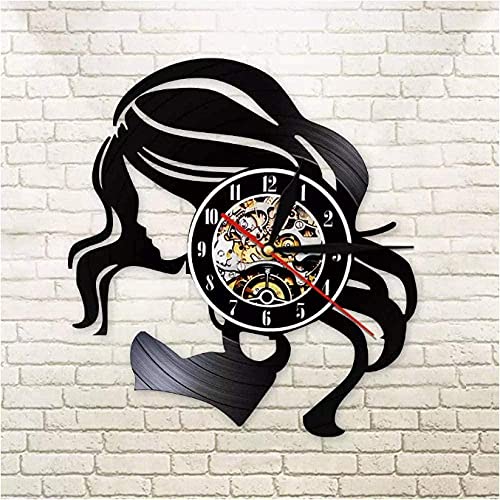 tjxu Reloj de Pared con Logo Retro de peluquería de Mujer Hermosa Hecho de Vinilo Reloj de Pared de peluquería de Mujer Hermosa