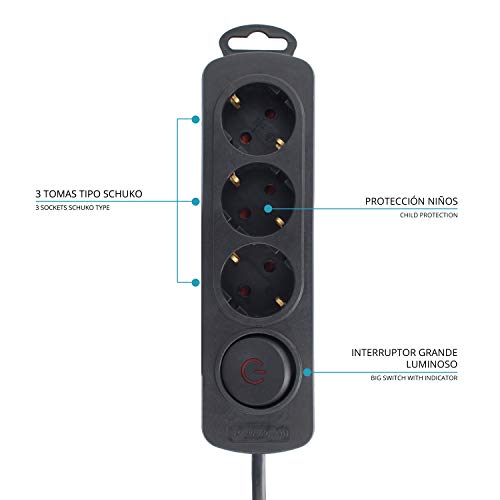 TM Electron TMUAD203BK - Base múltiple de 3 tomas con interruptor, color negro