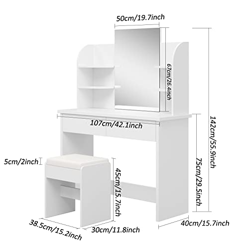 Tocador con Espejo, Mesa Tocador, Tocador de Maquillaje Moderno, para Dormitorio, con Taburete, 2 Cajones, 4 Estantes, Blanco, 107x40x142cm