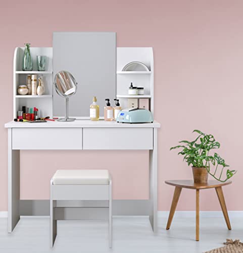 Tocador con Espejo, Mesa Tocador, Tocador de Maquillaje Moderno, para Dormitorio, con Taburete, 2 Cajones, 4 Estantes, Blanco, 107x40x142cm