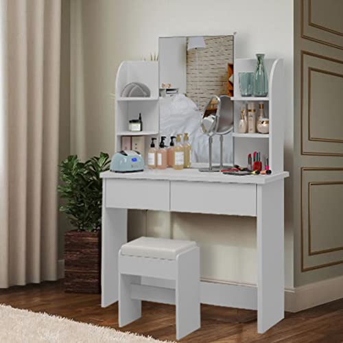Tocador con Espejo, Mesa Tocador, Tocador de Maquillaje Moderno, para Dormitorio, con Taburete, 2 Cajones, 4 Estantes, Blanco, 107x40x142cm