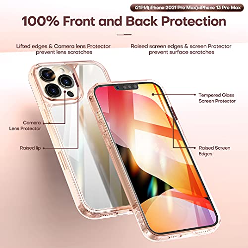 TOCOL Funda Compatible con iPhone 13 Pro MAX 5G, 2 Piezas Protector de Pantalla 2 Piezas Lente de cámara Vidrio Templado Carcasa TPU Bumper Transparente PC Hard Case Antigolpe Anti-arañazos, Oro Rosa