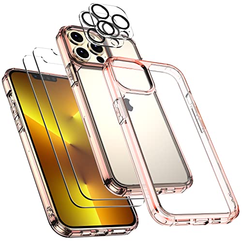 TOCOL Funda Compatible con iPhone 13 Pro MAX 5G, 2 Piezas Protector de Pantalla 2 Piezas Lente de cámara Vidrio Templado Carcasa TPU Bumper Transparente PC Hard Case Antigolpe Anti-arañazos, Oro Rosa