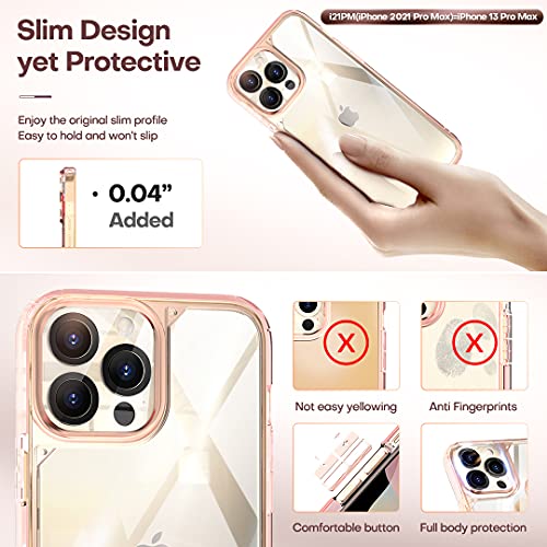 TOCOL Funda Compatible con iPhone 13 Pro MAX 5G, 2 Piezas Protector de Pantalla 2 Piezas Lente de cámara Vidrio Templado Carcasa TPU Bumper Transparente PC Hard Case Antigolpe Anti-arañazos, Oro Rosa