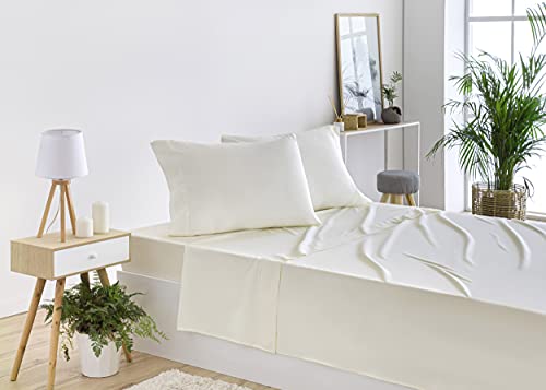 Todocama – Juego de Sábanas de 4 Piezas – Sábana Bajera Ajustable – Encimera - Dos Fundas de Almohada de 50x80cm. (Cama 90 - 90x190/200 cm, Beige)