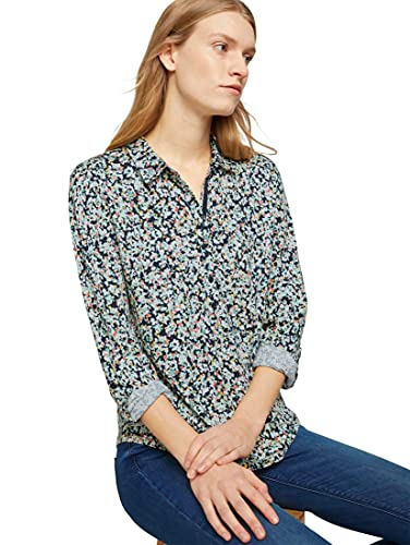 Tom Tailor 1024043 Camiseta Henley Estampada, 25990 – Diseño Floral Azul Marino Burred, S para Mujer