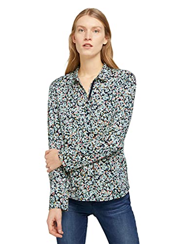 Tom Tailor 1024043 Camiseta Henley Estampada, 25990 – Diseño Floral Azul Marino Burred, S para Mujer