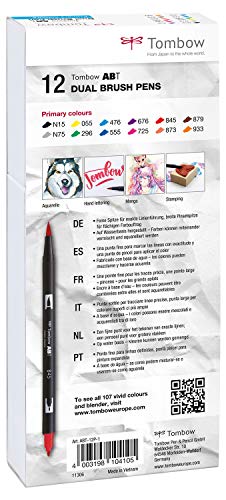 Tombow - Dual Brush | Estuche con 12 Rotuladores Acuarelables de Doble Punta en Colores Primarios