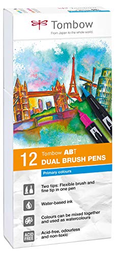 Tombow - Dual Brush | Estuche con 12 Rotuladores Acuarelables de Doble Punta en Colores Primarios