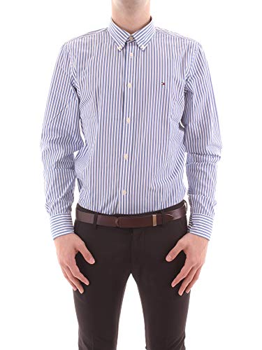 Tommy Hilfiger Hyper Classic Stripe Shirt Camisa, White/Cobalt, Large para Hombre