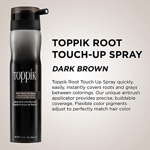 Toppik Spray Retoca Raíces Castaño Oscuro, Cubre de Forma Instantánea las Raíces y las Canas sin Apelmazar el Cabello, 98 ml